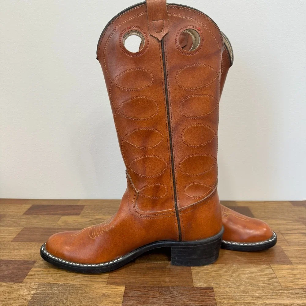 Bronco Womens Western Boots 8.5 Leather Made‎ in USA Mid Calf Cowboy Brown